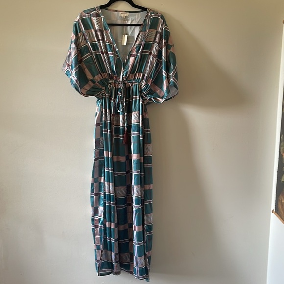 NWT World Market Mira Teal and Maroon Satin Plaid Kaftan Dress SZ L/XL - Picture 2 of 4